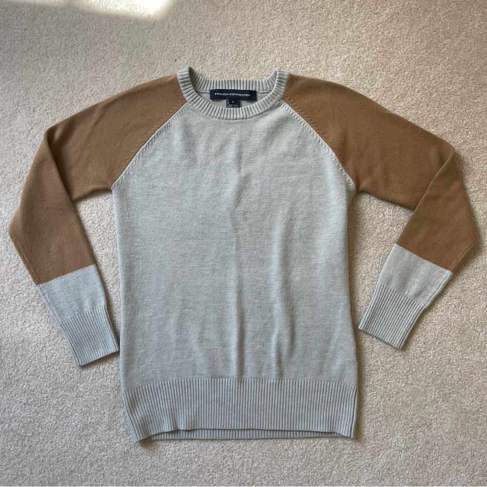 French Connection Sweater Crew Neck Long Sleeve Colorblock Gray Tan - size small